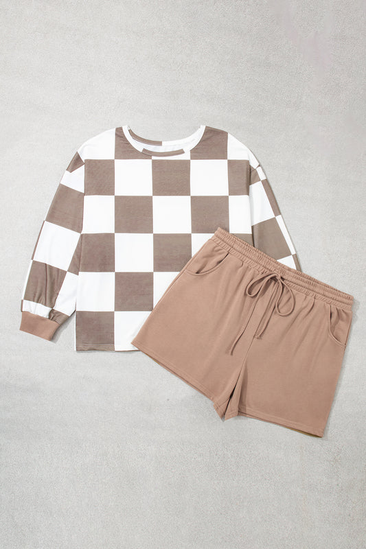 Checkered Contrast Long Sleeve Top Solid Shorts Set