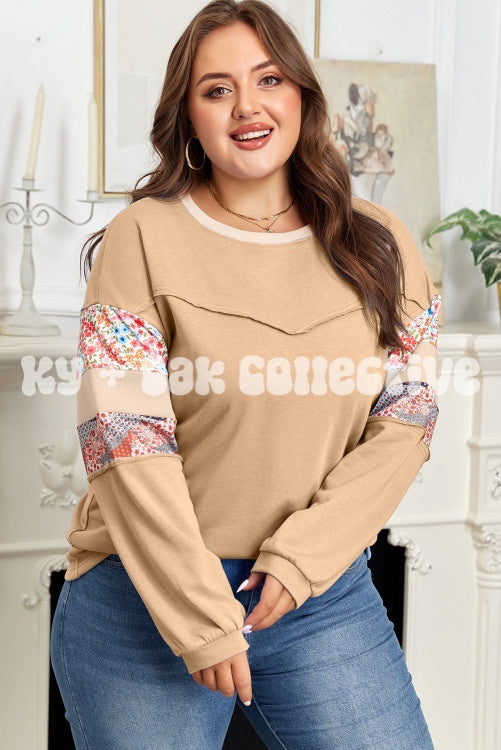 Khaki Exposed Seam Floral Mixed Patchwork Relaxed Top