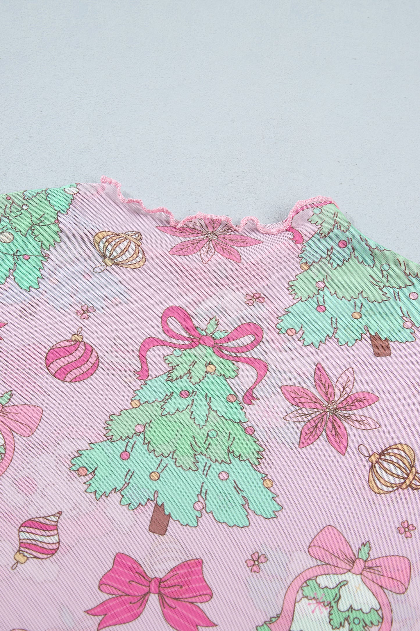 Pink Christmas Abstract Print Long Sleeve Mesh Top