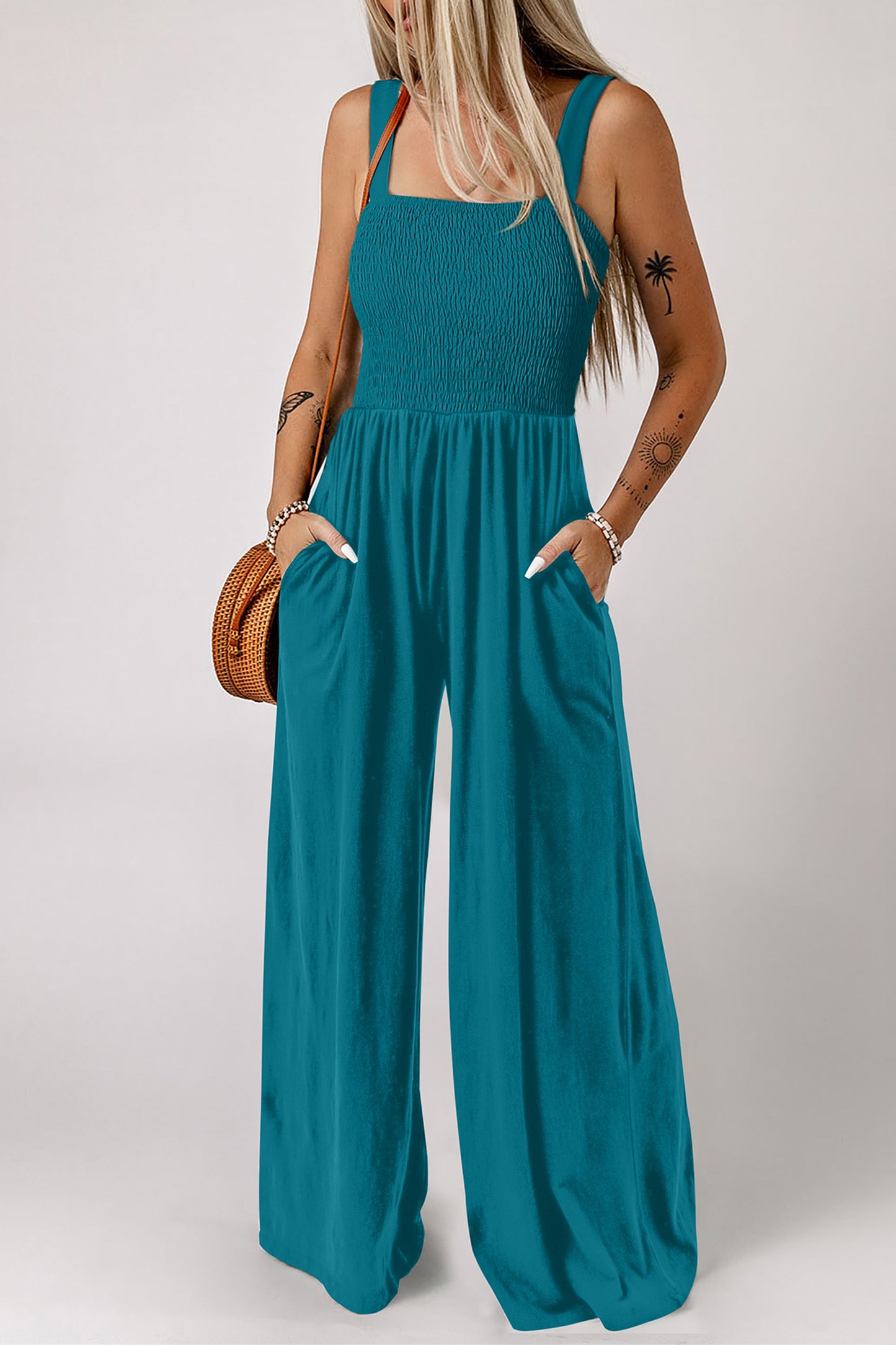 Smocked Square Neck Sleeveless Jumpsuit with Pockets