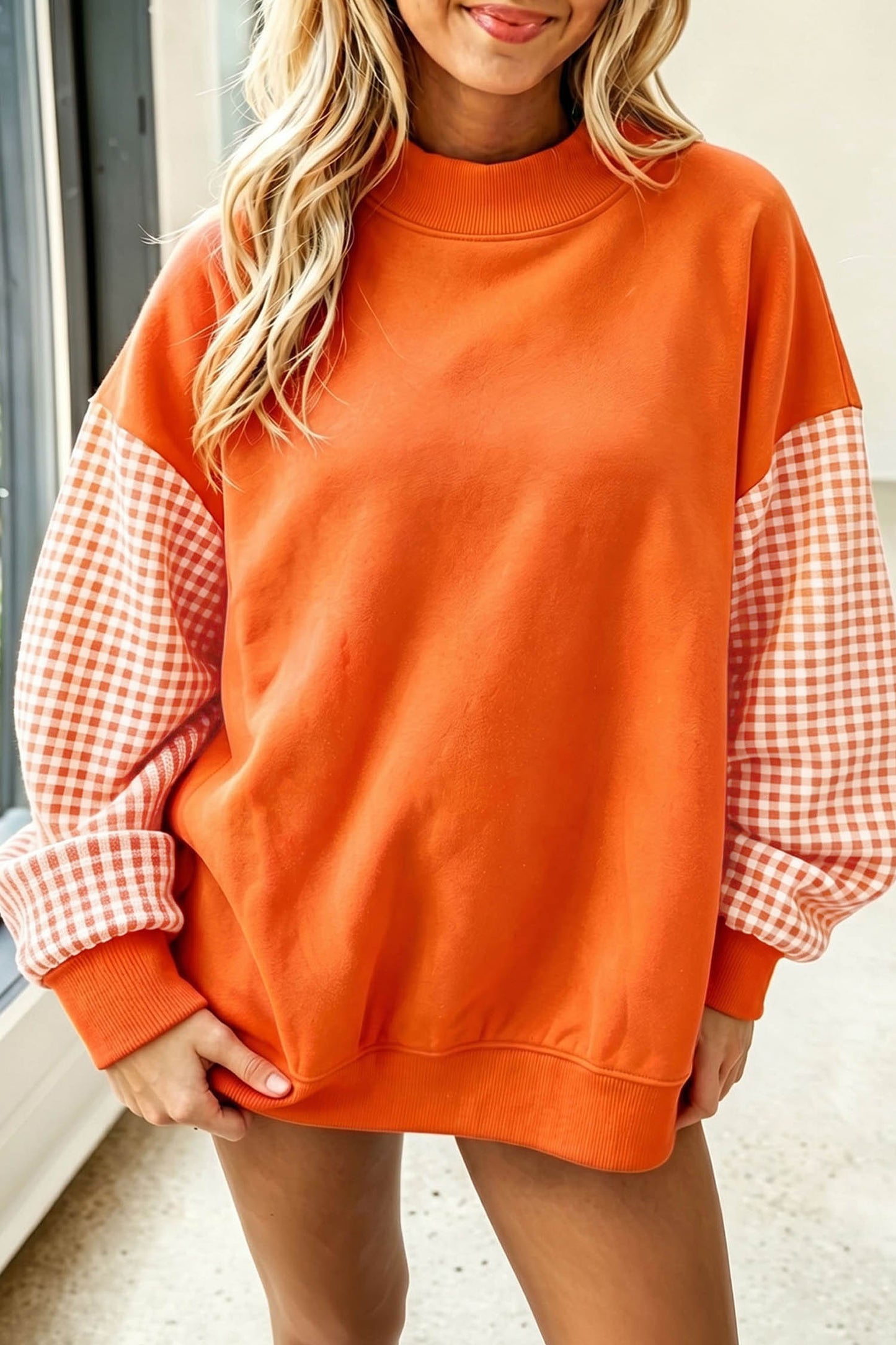 Plaid Sleeve Colorblock Loose Sweatshirt