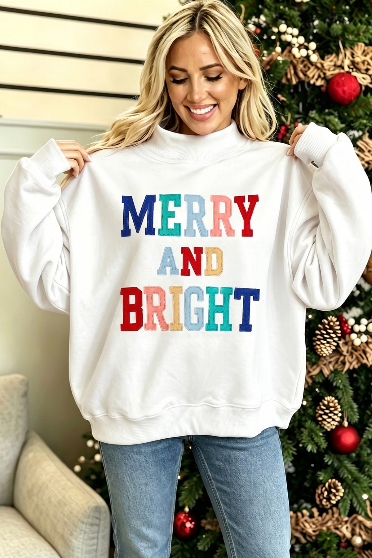 MERRY AND BRIGHT Stitched Letter Pattern Mock Neck Sweatshirt