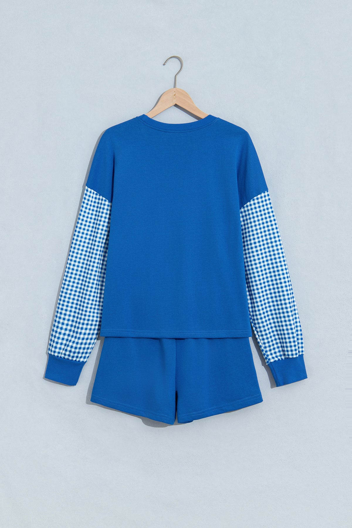 Patchwork Long Sleeve Top Solid Drawstring Shorts Set