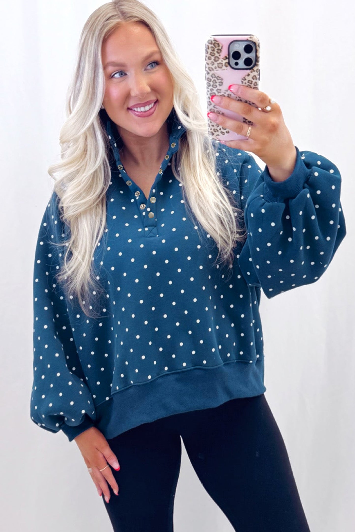 Polka Dot Print Metal Button Collar Casual Pullover