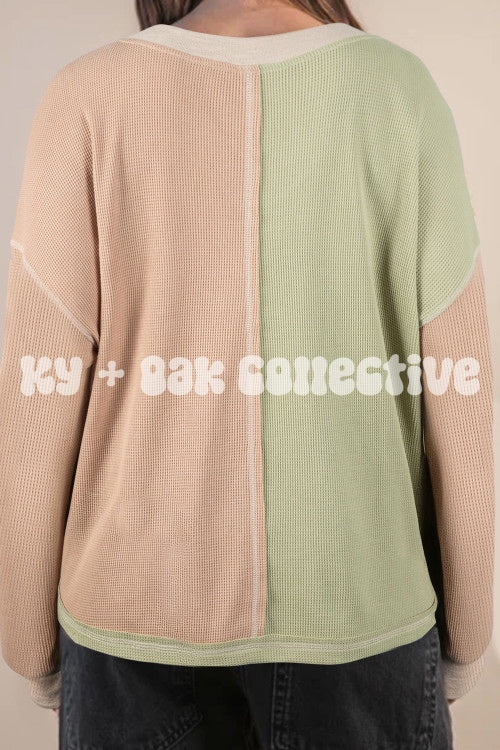 Mixed Texture Color Block Patchwork V Neck Long Sleeve Top