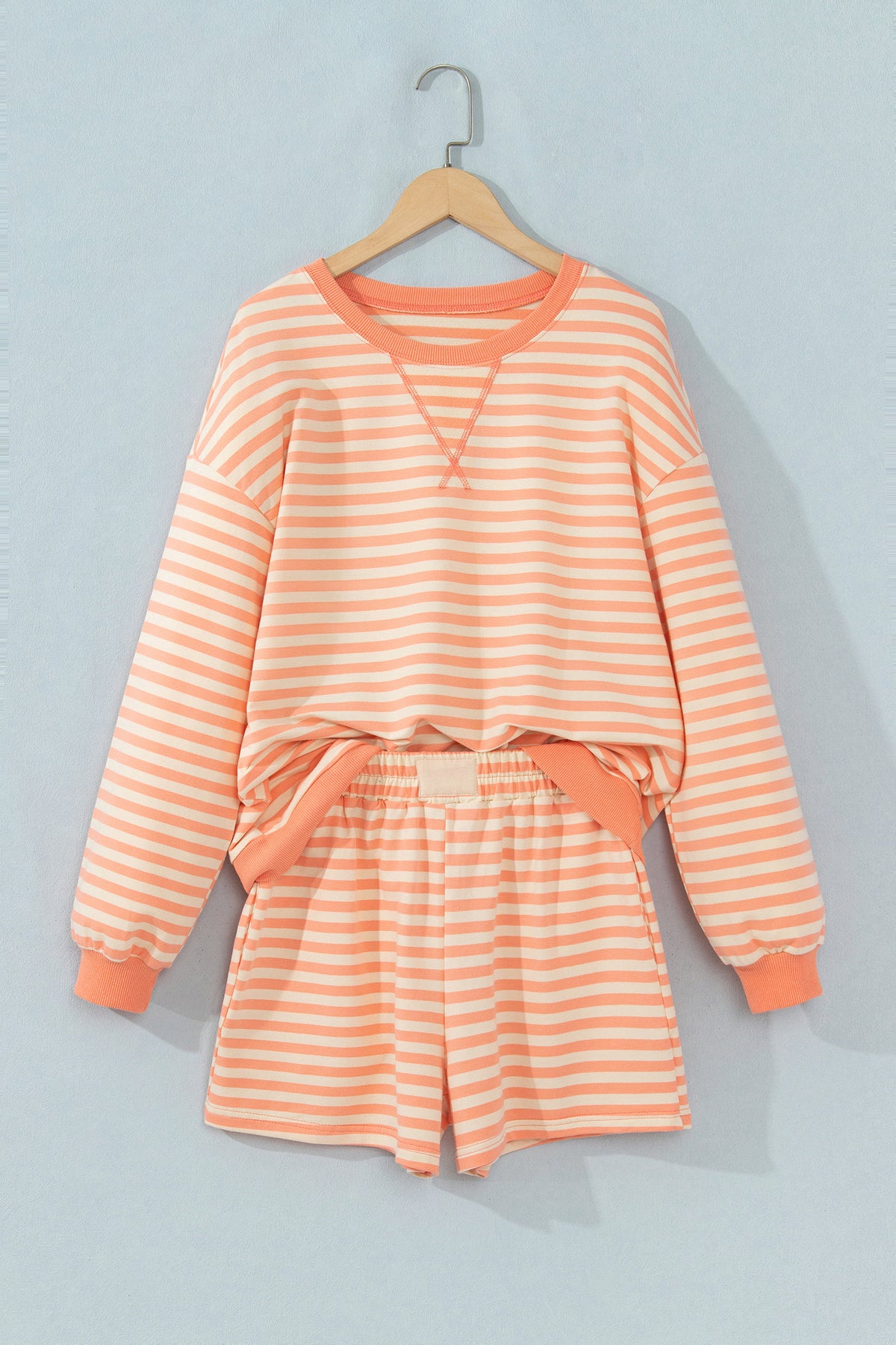 Stripe Drop Shoulder Long Sleeve Pullover Elastic Waist Casual Short Set