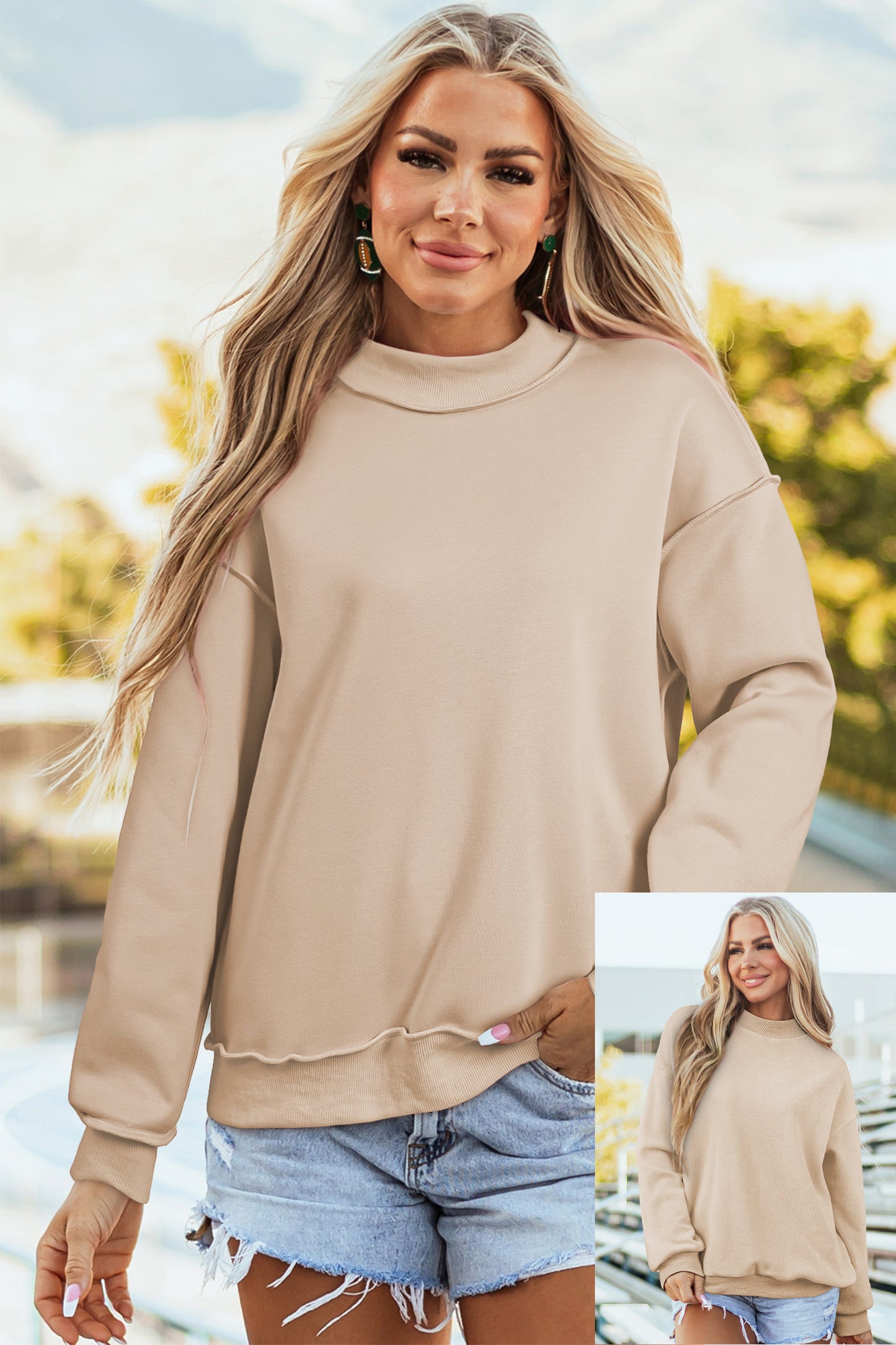 Oversized Drop Shoulder Reversible Mock Neck Sweatshirt