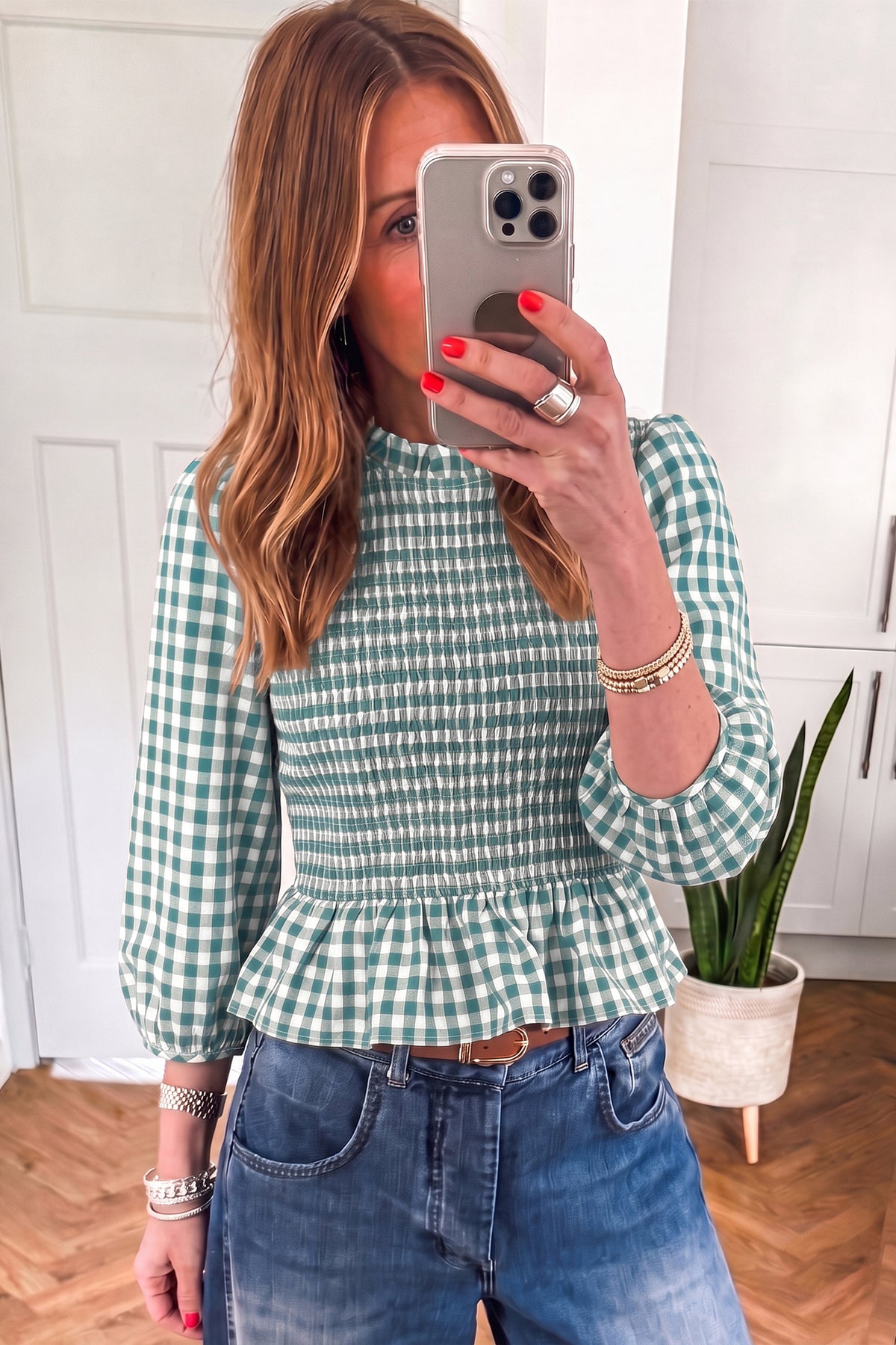 Shirred Plaid Peplum Top