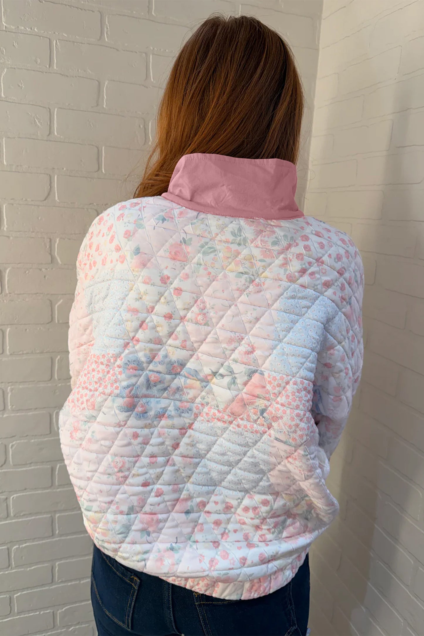 Pink Floral Quilted V-Neck Plus Size Sweatshirt