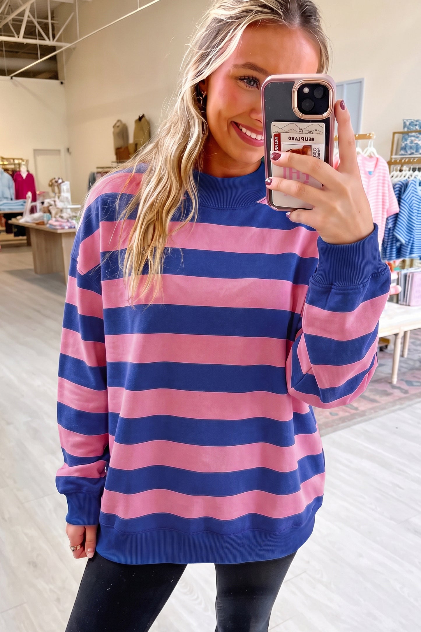 Blue Stripe Colorblock Mock Neck Relaxed Sweatshirt