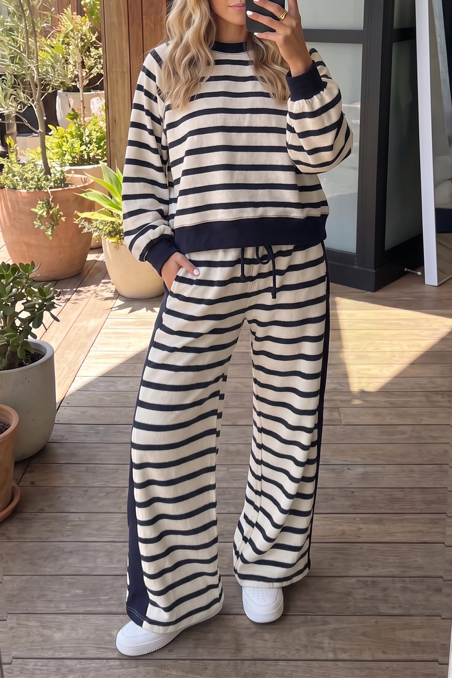 Striped Relaxed Long Sleeve Top Color Block Detail Drawstring Pant Set