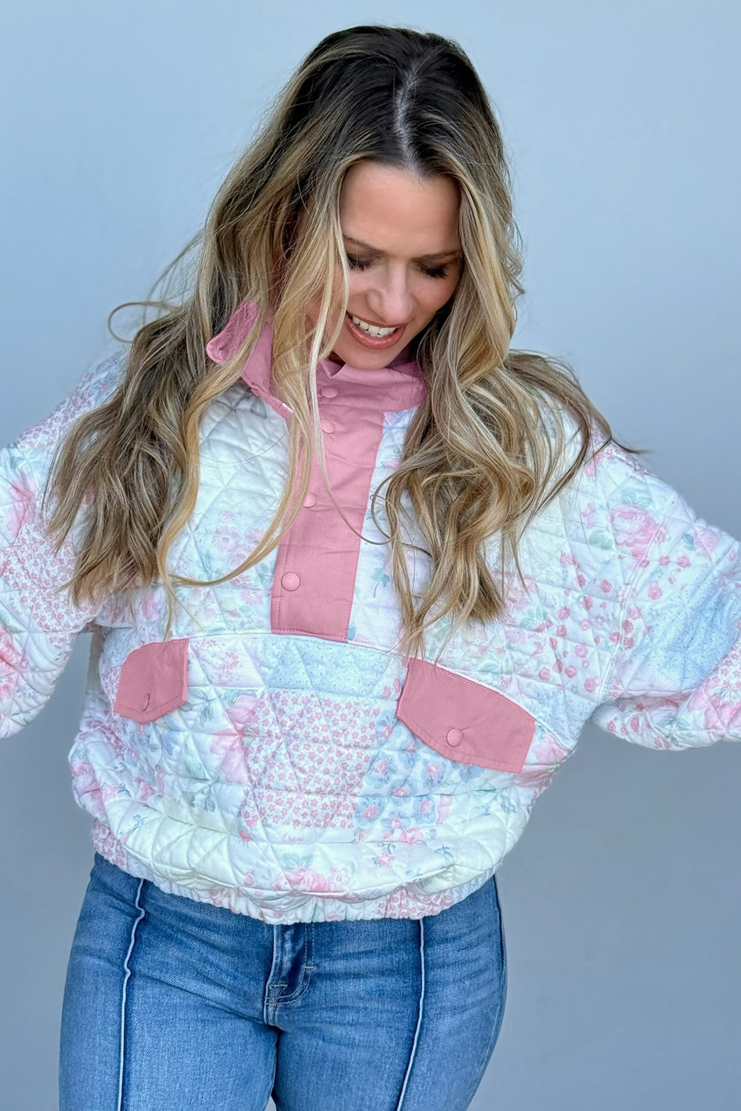 Pink Floral Quilted V-Neck Plus Size Sweatshirt