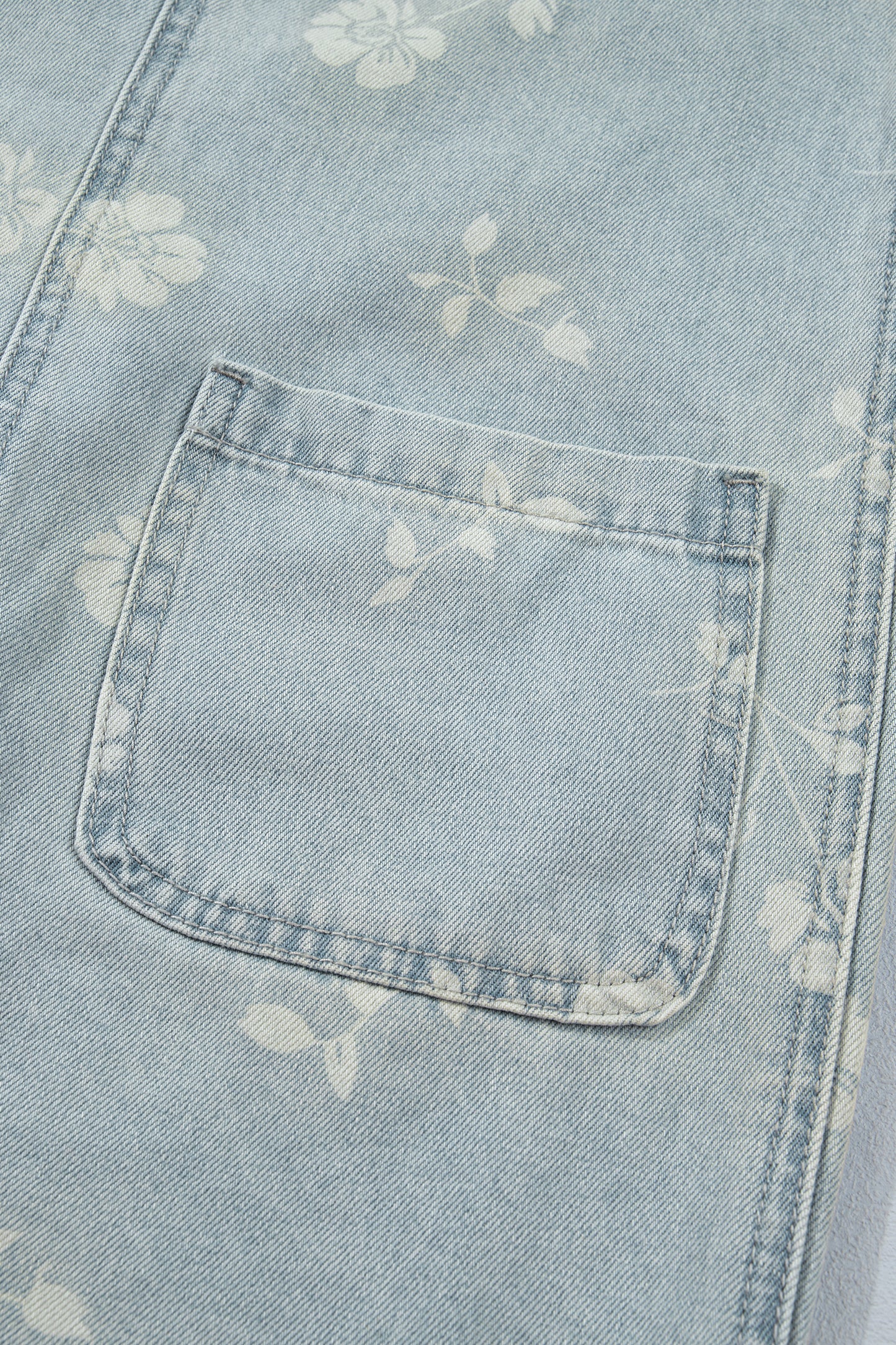 Sky Blue Retro Wash Denim Floral Print Overall Mini Dress