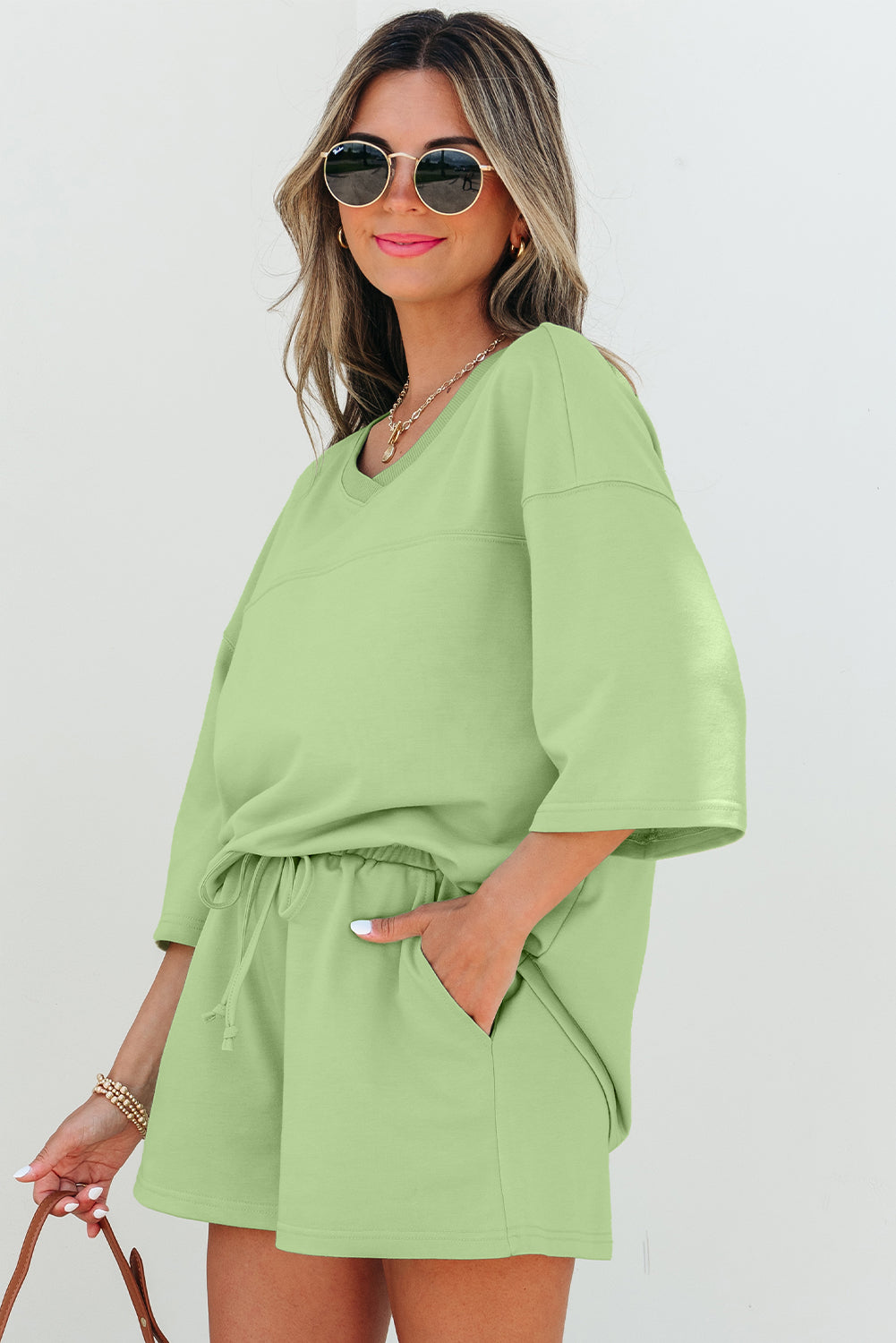 Solid Color Loose V Neck Half Sleeve Tee and Shorts