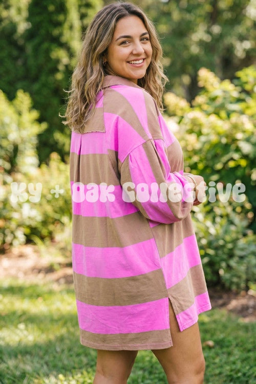 Pink + Brown Stripe Long Sleeve T-Shirt Dress