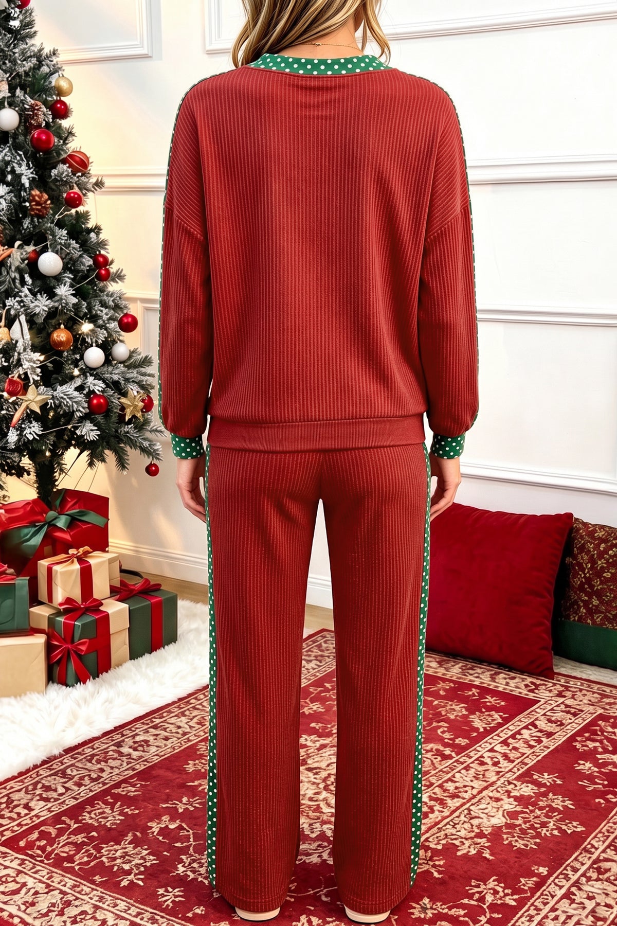 Cozy Ribbed Patchwork Polka Dot Trim Long Sleeve Pant Set