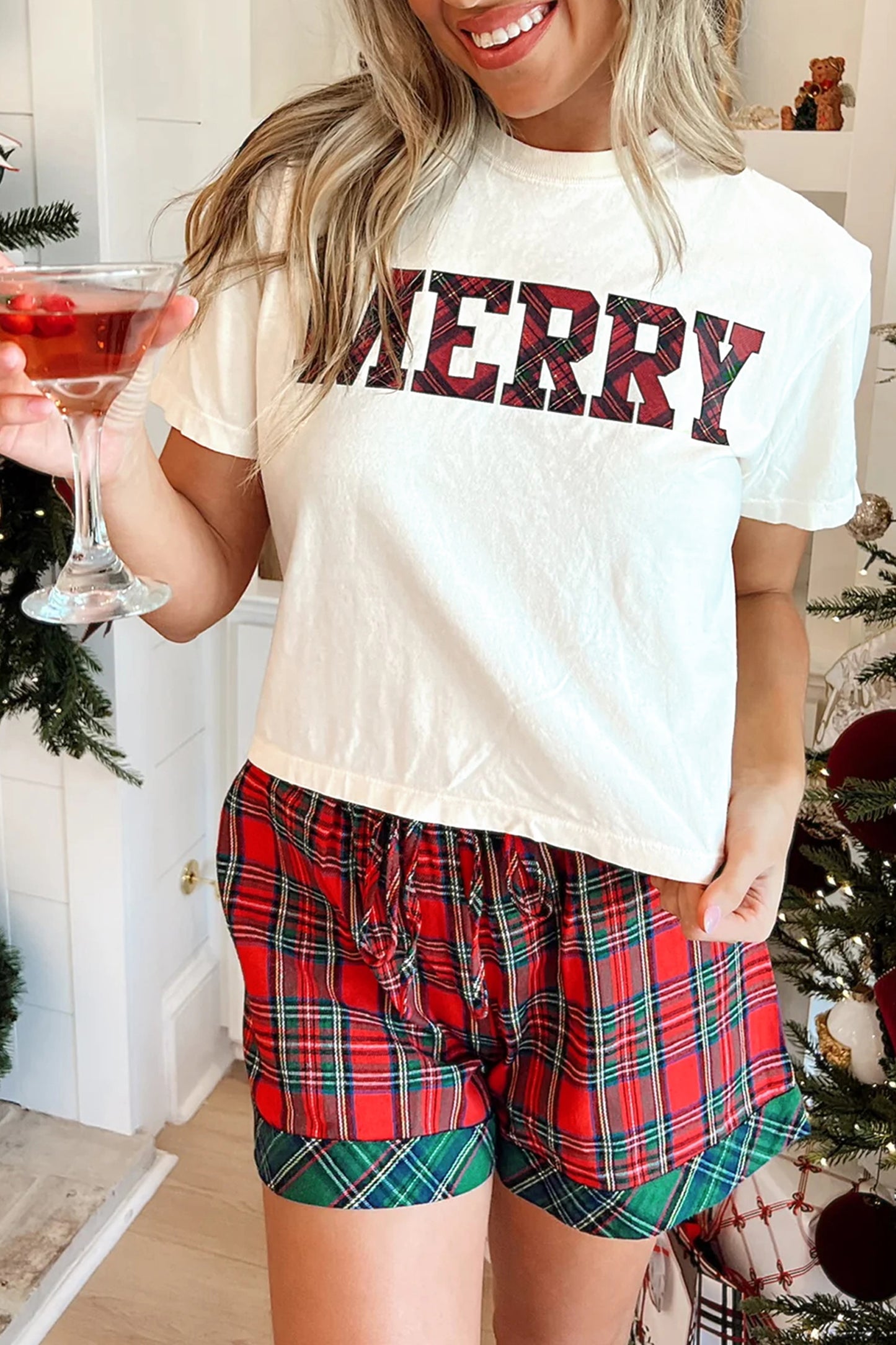 White Plaid Letter Print Short Sleeve Top Elastic Waist Pocket Shorts Lounge Set