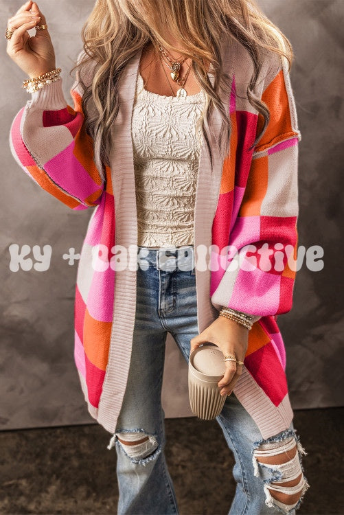 Checkered Drop Shoulder Exposed Seam Cardigan