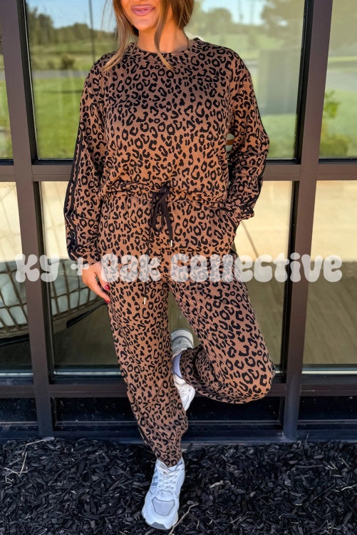 Striped Trim Leopard Long Sleeve + Pants Set