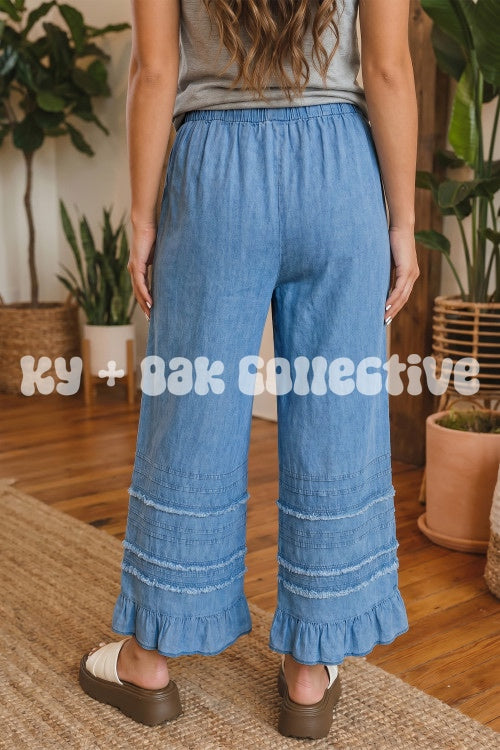 Dusk Blue Tiered Raw Edge Ruffled Wide Leg Denim Pants