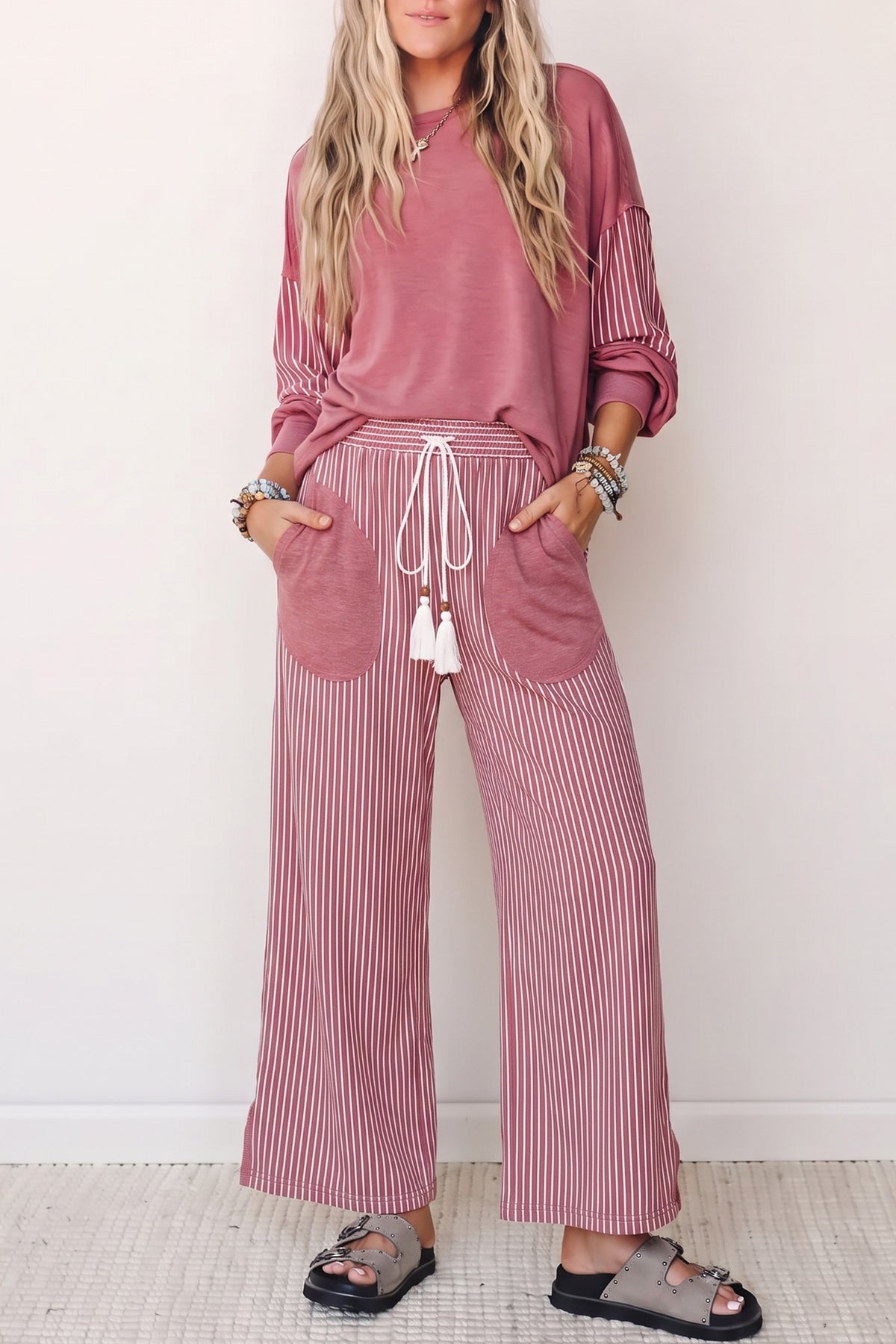 Raw Seam Patchwork Long Sleeve Top Pocket Casual Pants Set