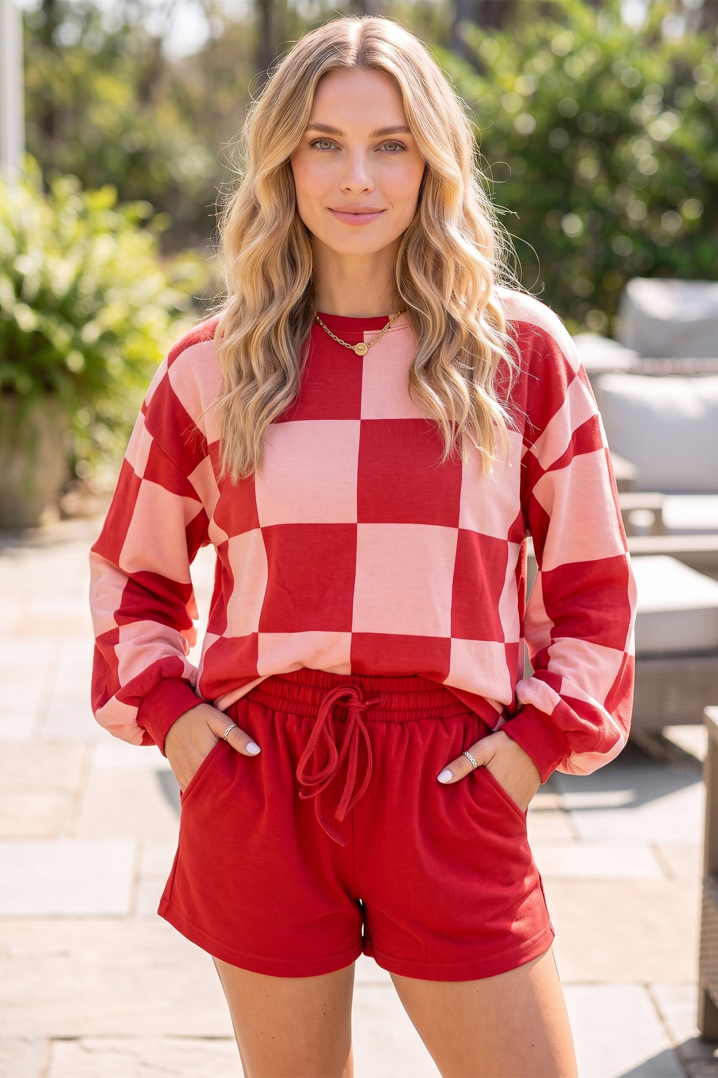Checkered Long Sleeve Solid Color Shorts Set