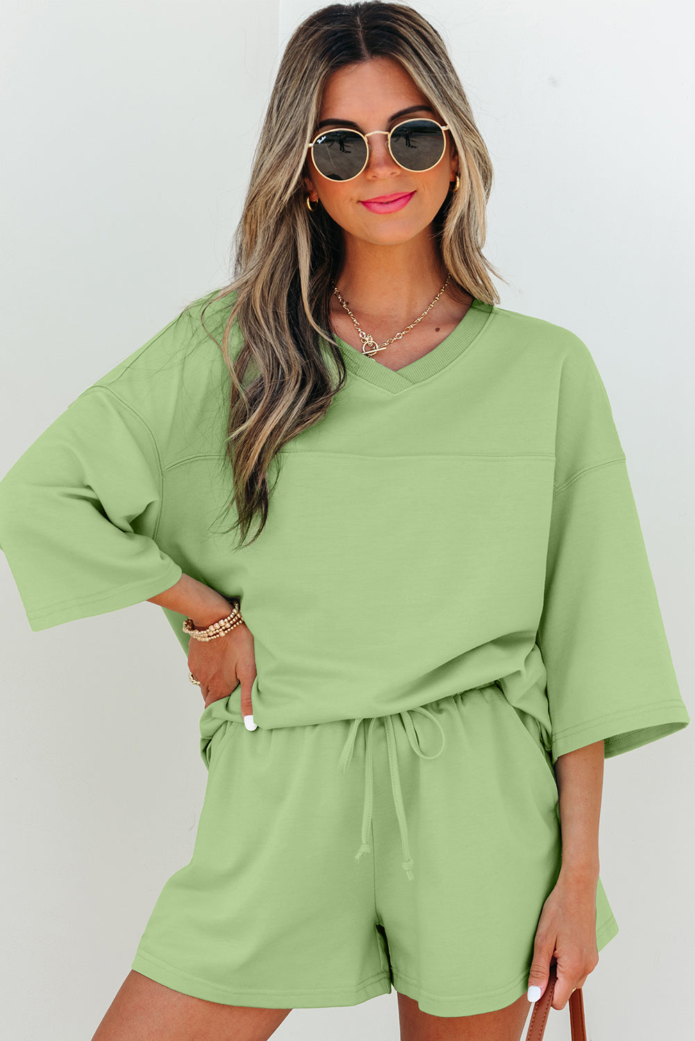 Solid Color Loose V Neck Half Sleeve Tee and Shorts