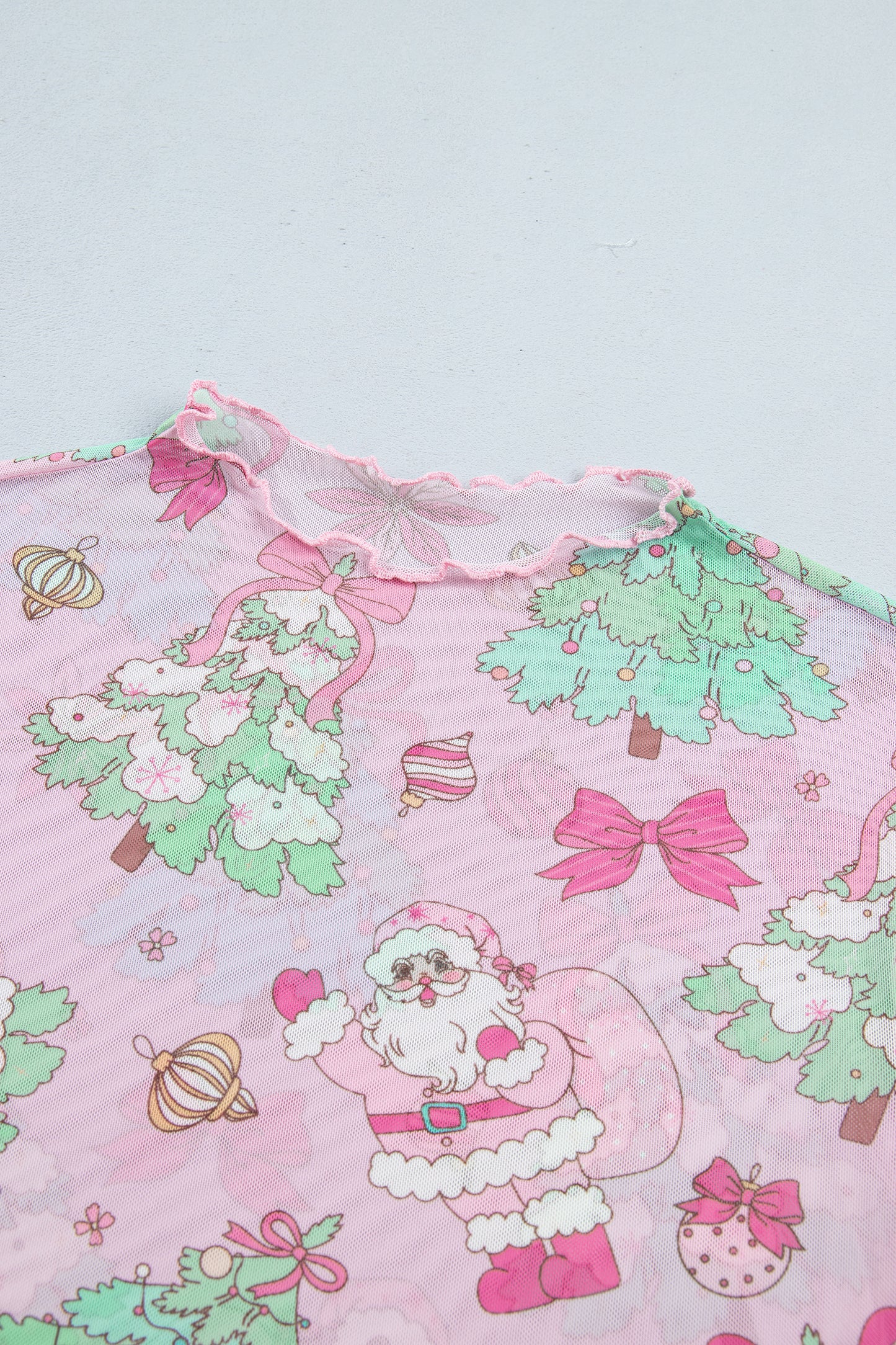 Pink Christmas Abstract Print Long Sleeve Mesh Top