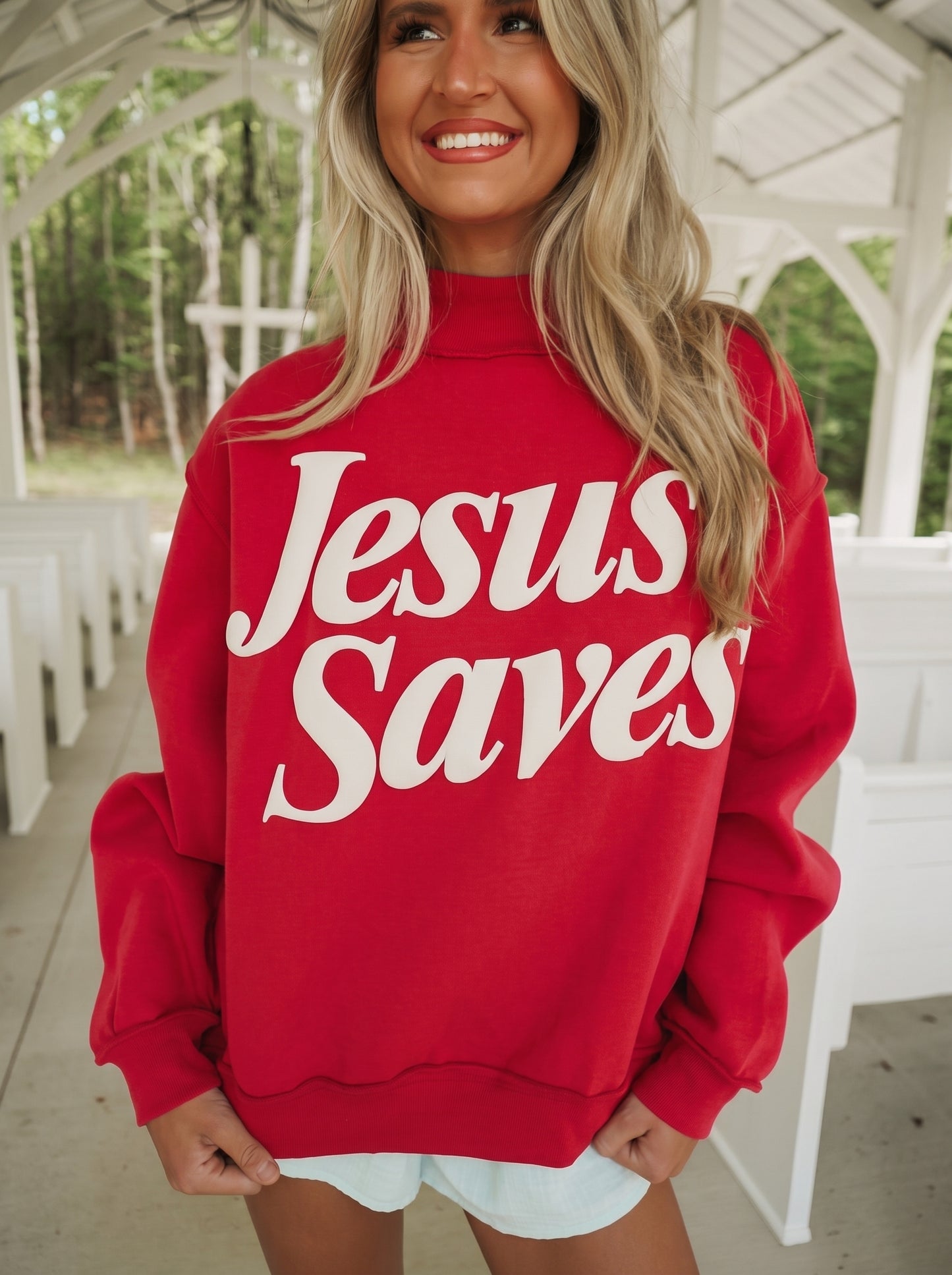 Fiery Red Jesus Saves Baggy Sweatshirt