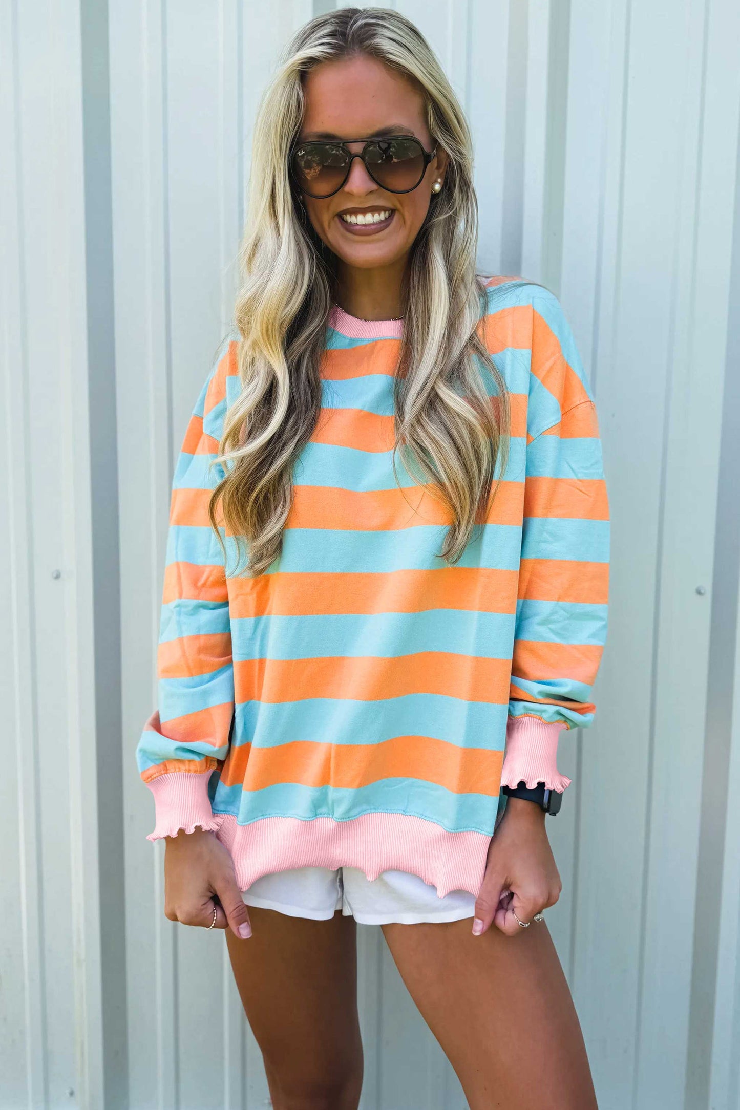 Striped Ribbed Color Block Trim Long Sleeve Top