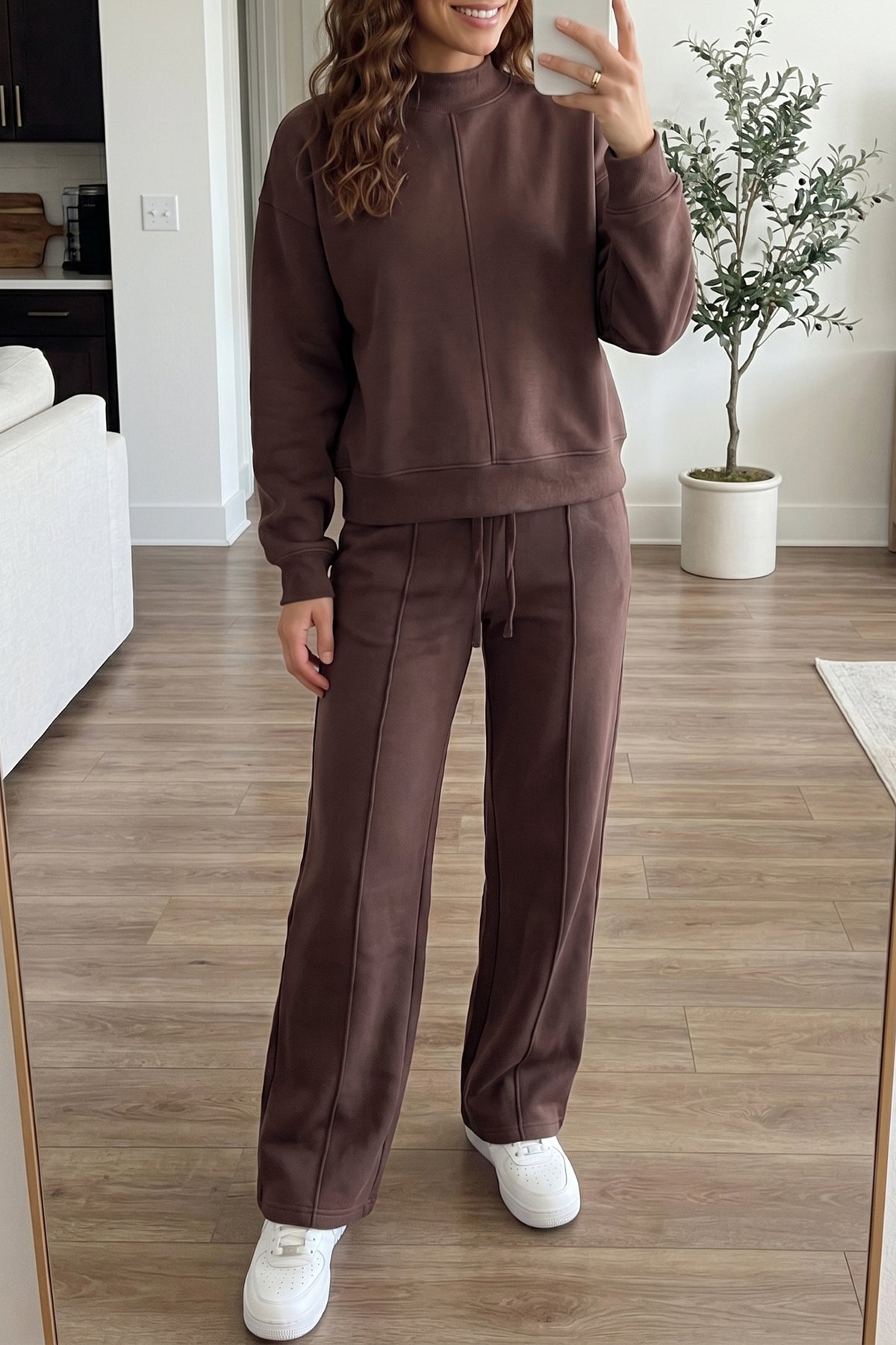 Coffee Solid Color Mock Neck Pullover Drawstring Pants Set