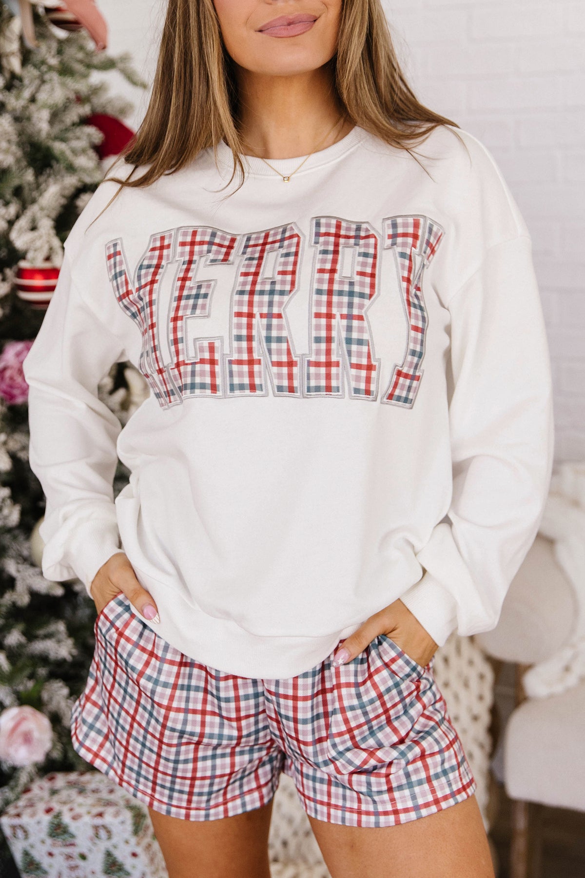 Plaid MERRY Holiday Long Sleeve Top and Shorts Set