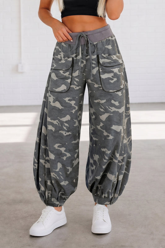 Multicolour Drawstring Contrast Waistband Camouflage Joggers Pants