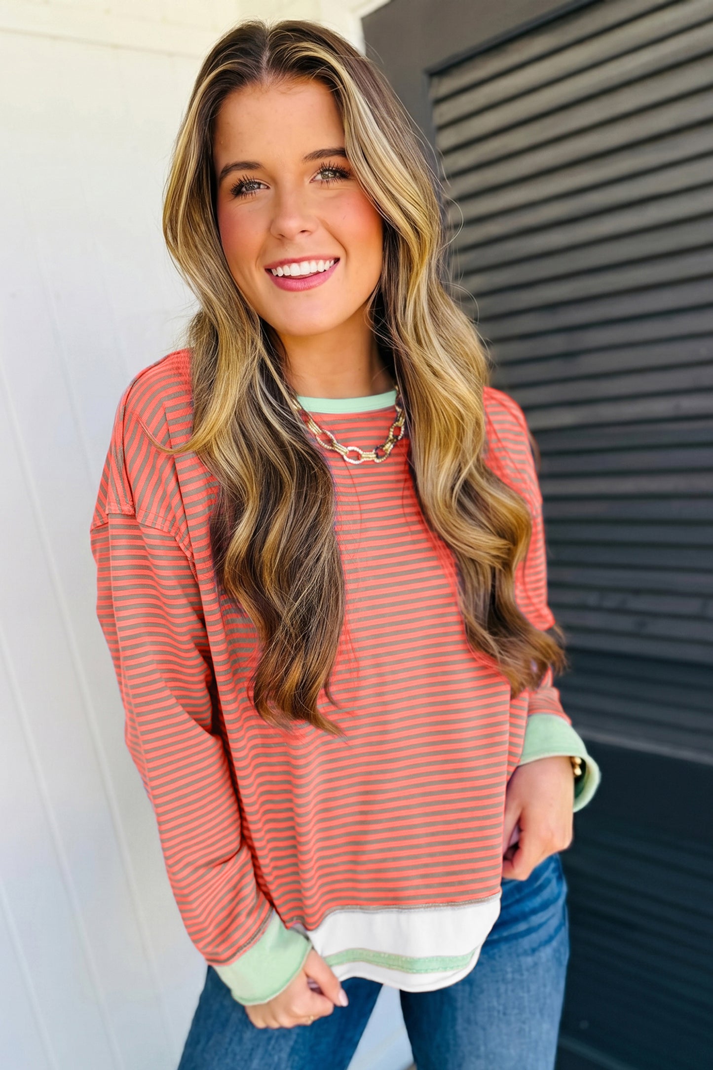 Orange Stripe Colorblock Detail Raw Seam Long Sleeve Top