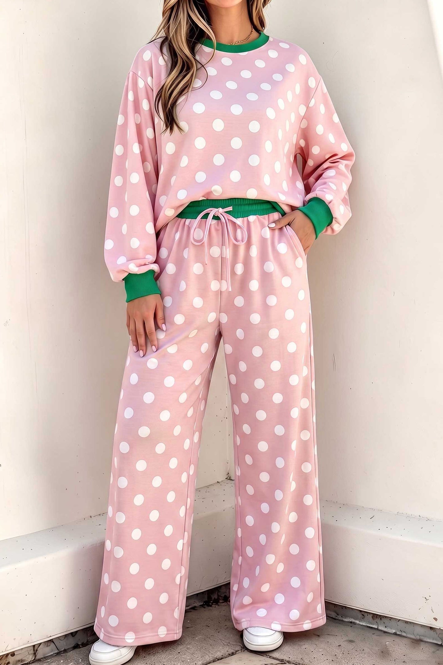 Polka Dot Contrast Trim Long Sleeve Top Drawstring Shift Pants Set