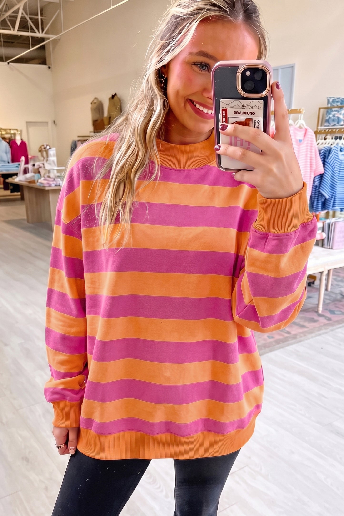 Blue Stripe Colorblock Mock Neck Relaxed Sweatshirt