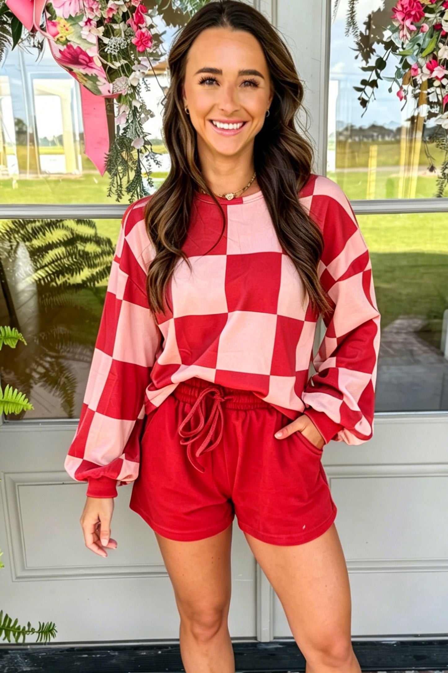 Checkered Long Sleeve Solid Color Shorts Set