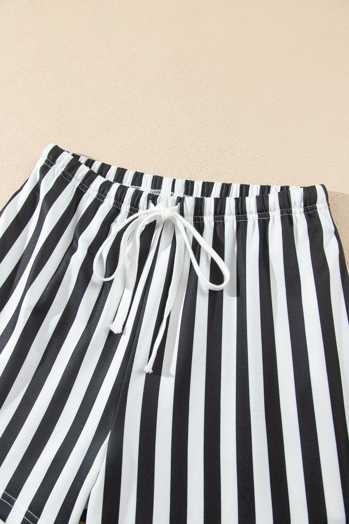 Striped Color Block Pullover Top Drawstring Shorts Set