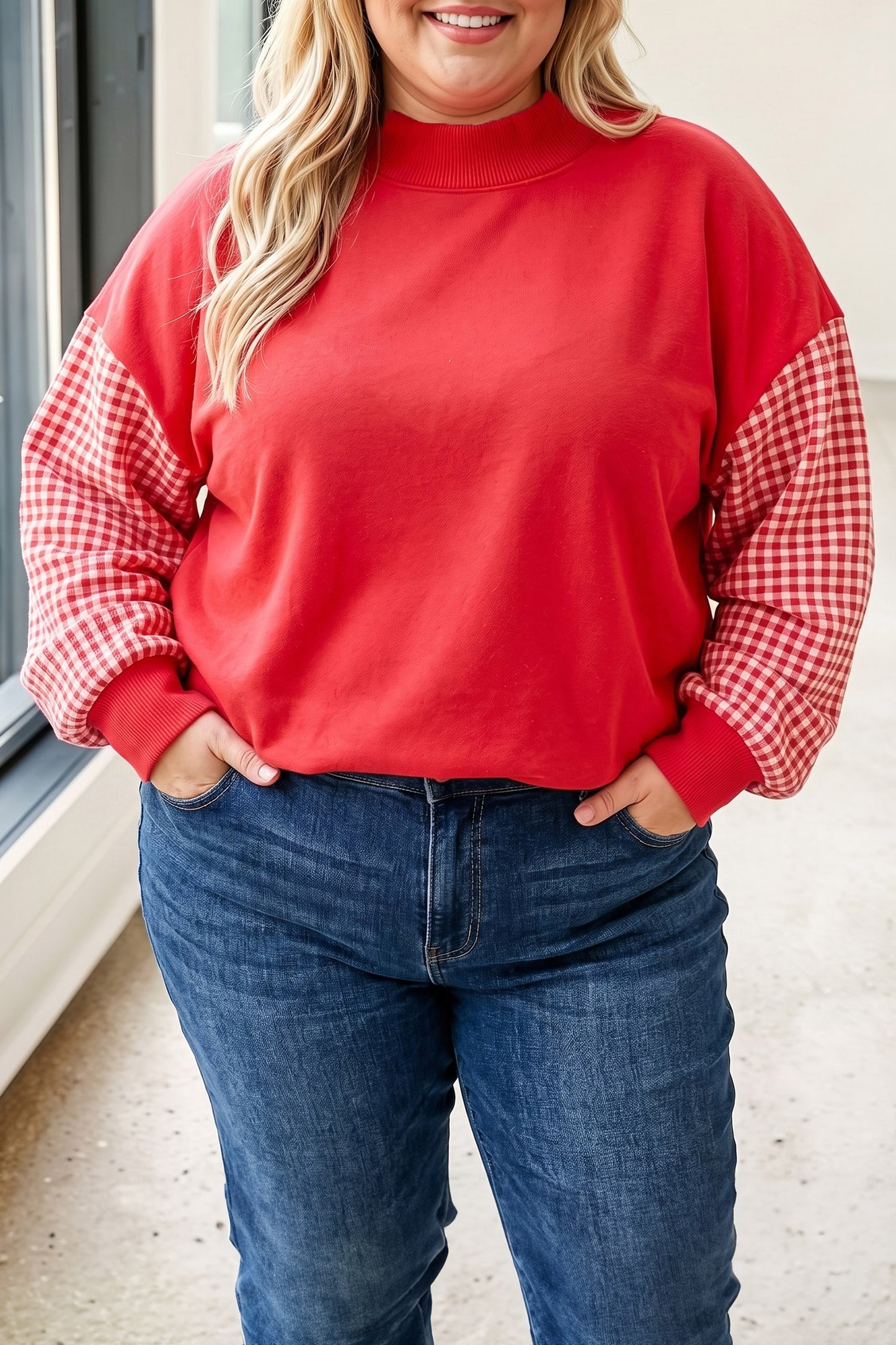 Patchwork Plaid Loose Fit Long Sleeve Plus Size Sweatshirt