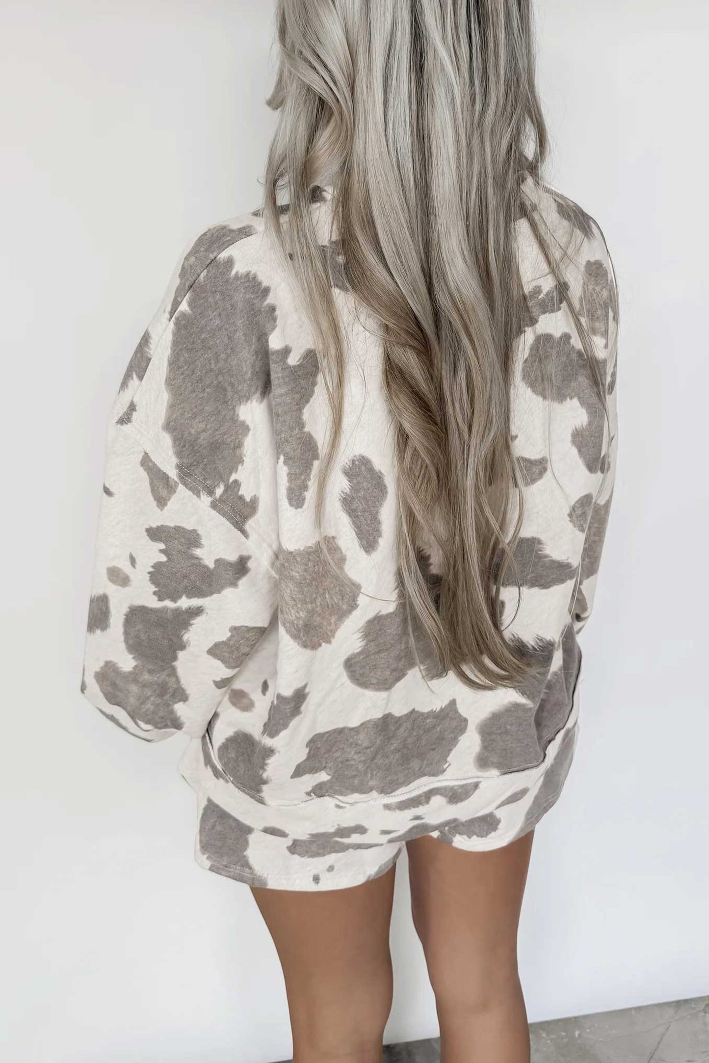 Gray Cowhide Print Raw Hem Long Sleeve Top Drawstring Shorts Set