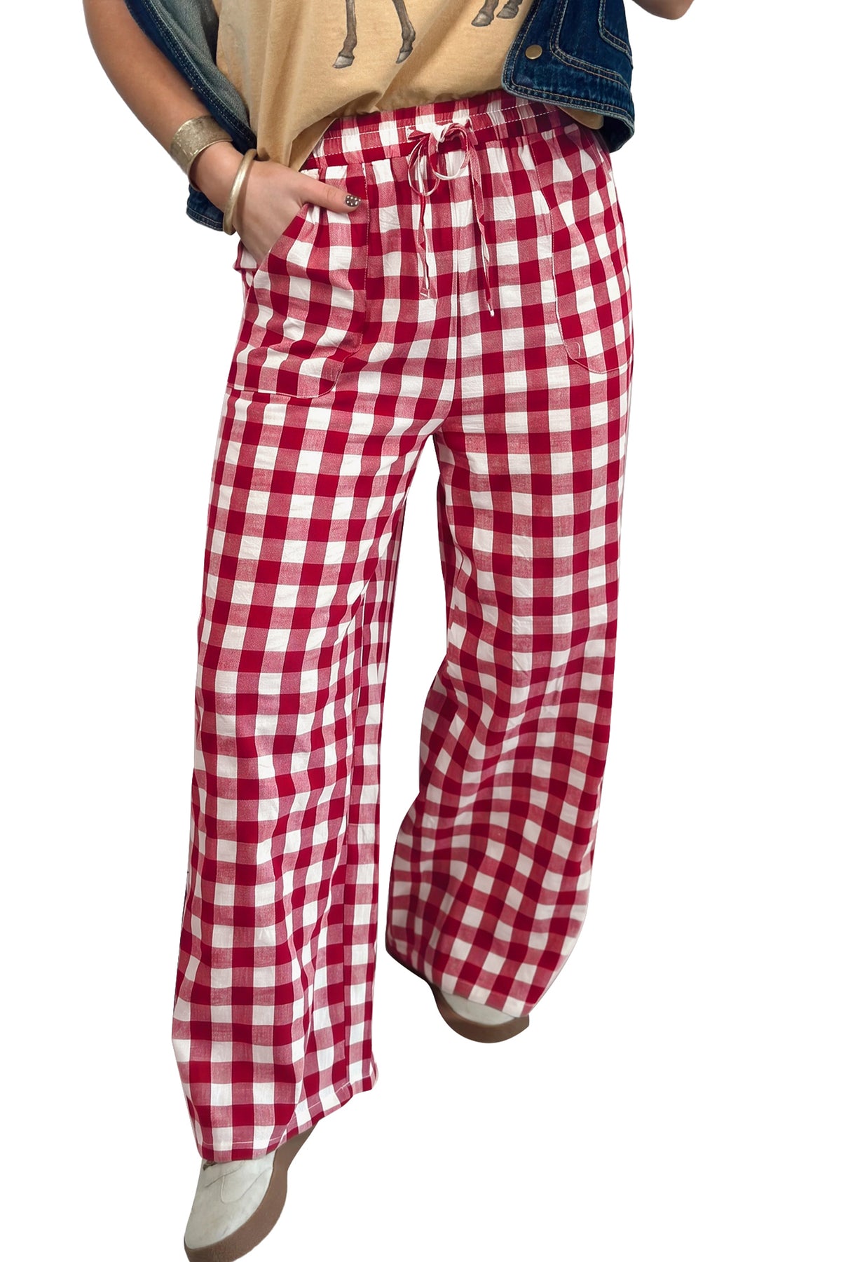 Gingham Plaid Tie Elastic Waist Shift Pants