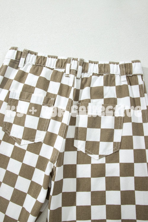 White + Brown Checkered Denim Barrel Pants