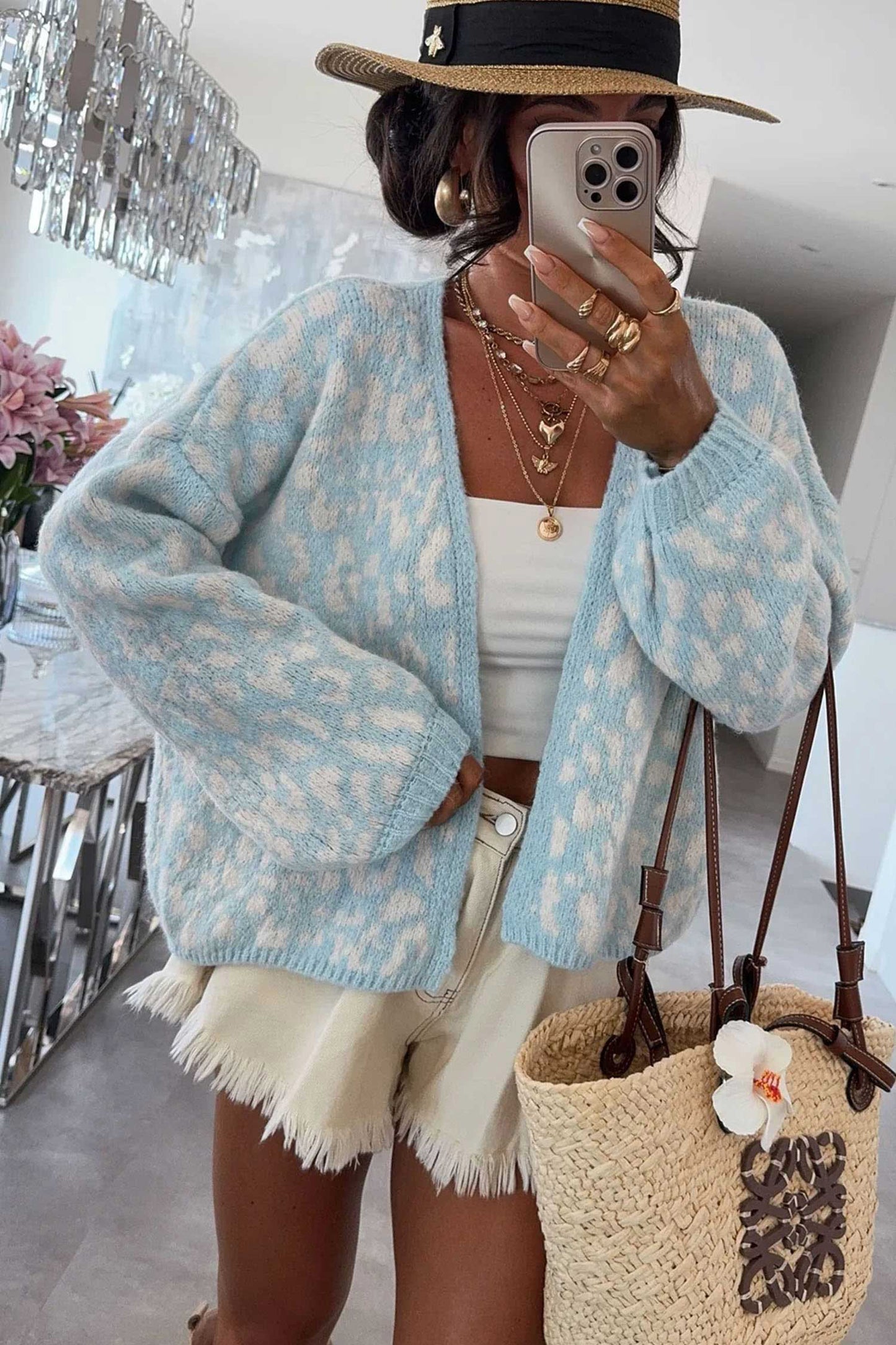 Light Blue Leopard Print Long Sleeve Loose Fit Knit Cardigan