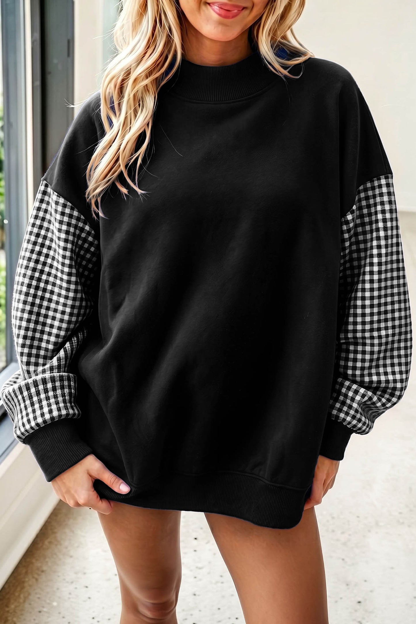 Plaid Sleeve Colorblock Loose Sweatshirt