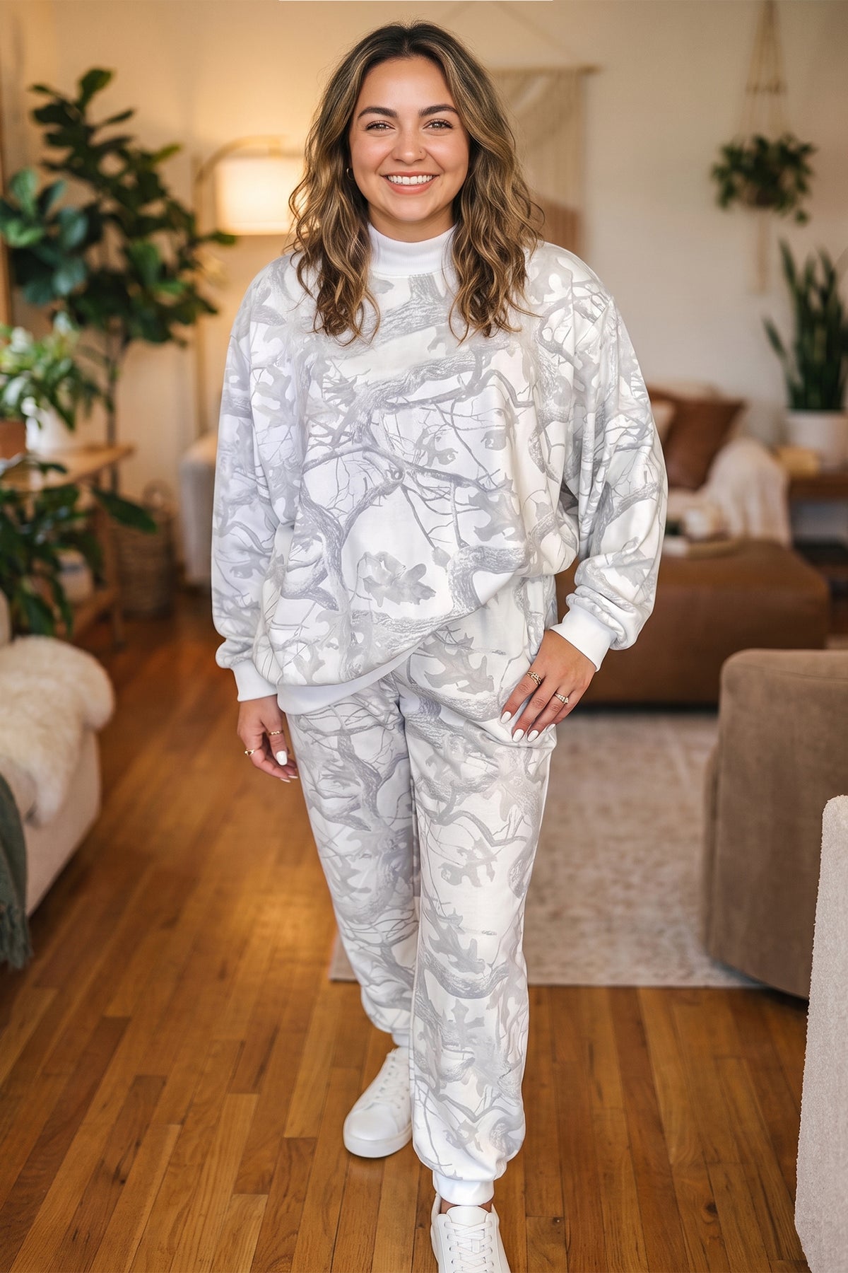 Camouflage Print Stand Neck Long Sleeve Regular Fit Plus Size Set