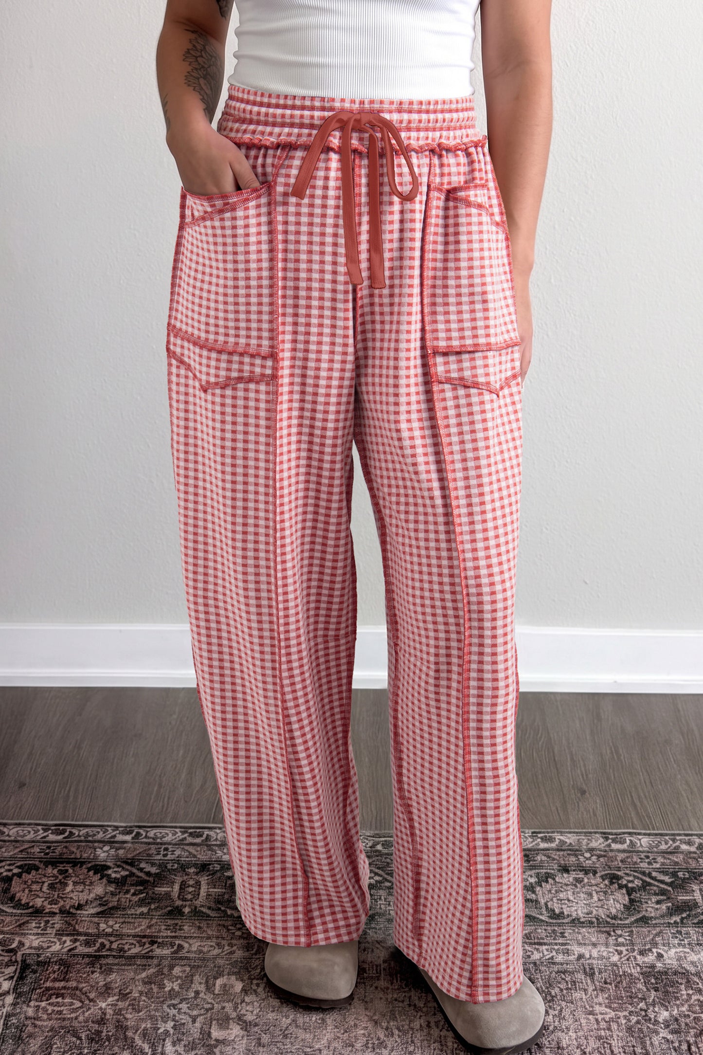 Plaid Contrast Trim Drawstring Elastic Waist Shift Pants