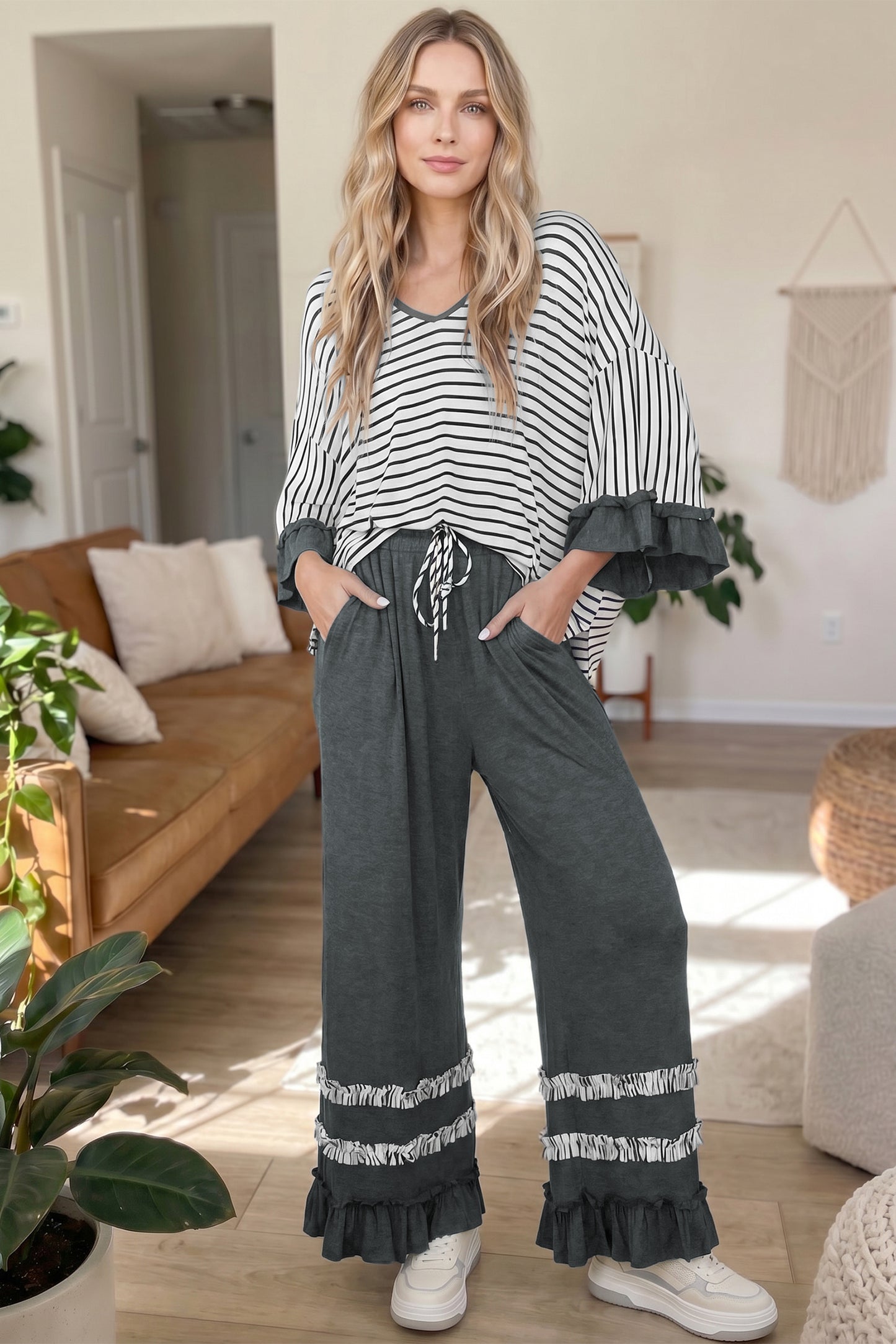Striped V Neck Ruffle Contrast Sleeve Top Drawstring Pants Set