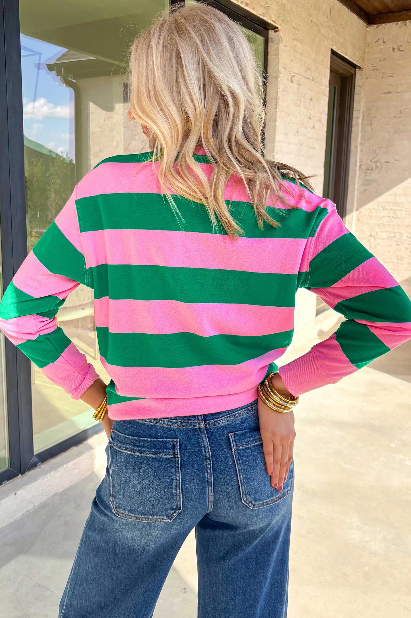Striped Holly Jolly Embroidered Pullover Sweatshirt