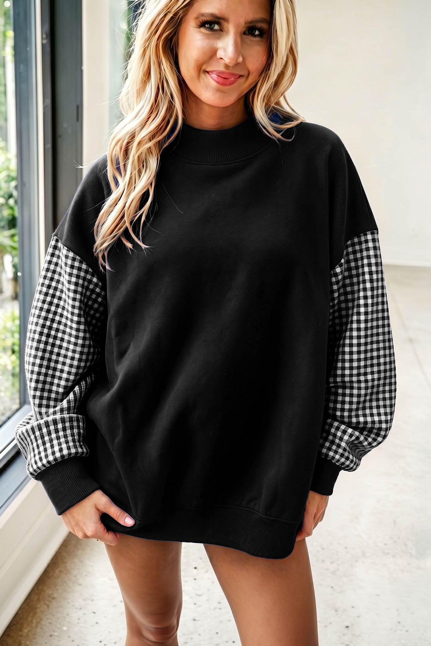 Plaid Sleeve Colorblock Loose Sweatshirt