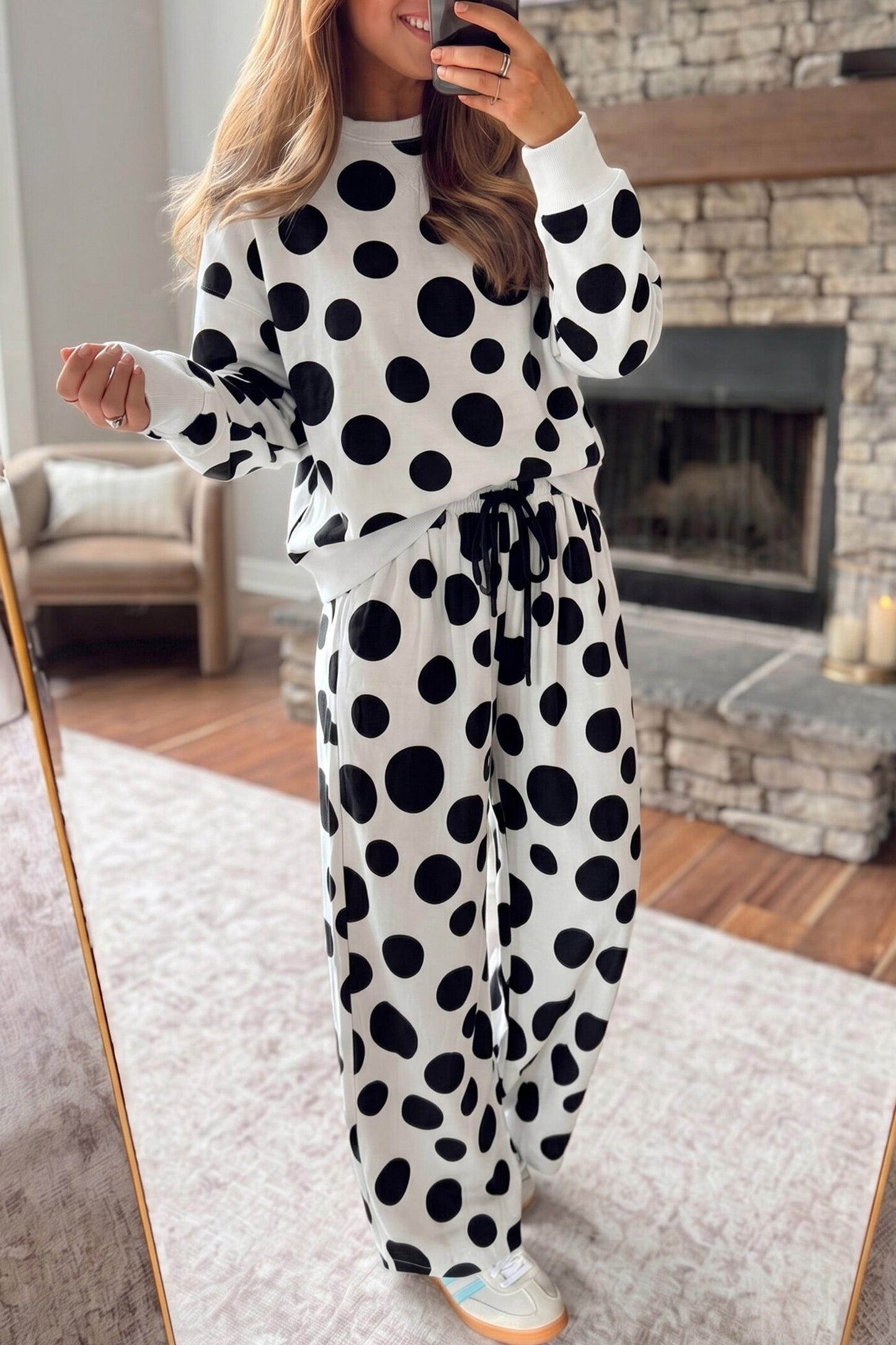 Polka Dot Long Sleeve Top Drawstring Relaxed Pants Set